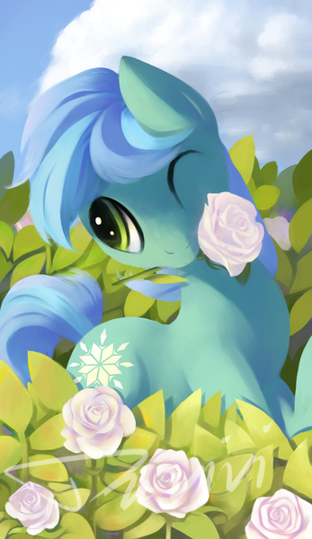 Size: 770x1330 | Tagged: safe, artist:duvivi, derpibooru import, oc, oc:stayent, unofficial characters only, earth pony, pony, flower, one eye closed, rose, solo, wink