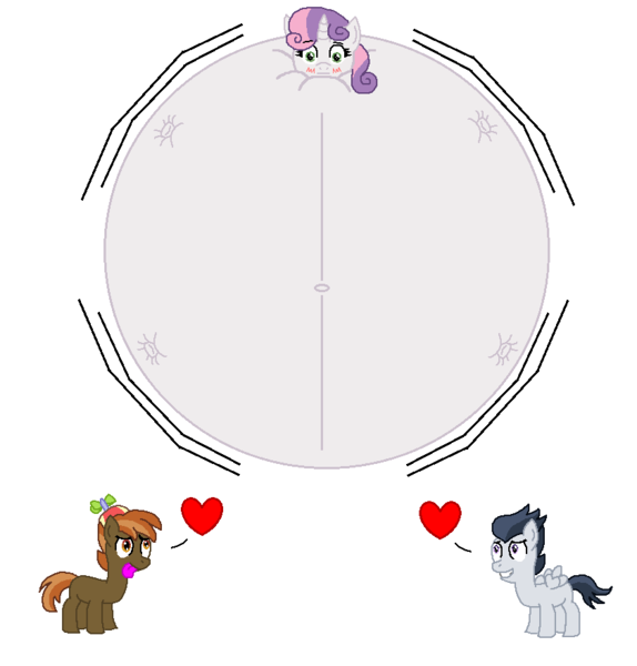 Size: 842x880 | Tagged: artist:theinflater19, blushing, button mash, derpibooru import, female, floating heart, heart, inflation, male, questionable, rumbelle, rumble, shipping, straight, sweetie belle, sweetie belloon, sweetiemash