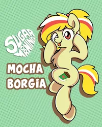 Size: 2048x2560 | Tagged: safe, artist:sugar morning, derpibooru import, oc, oc:mocha borgia, unofficial characters only, earth pony, pony, chest fluff, mochabetes, ponytail, simple background, solo, text, tongue out