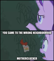 Size: 1298x1467 | Tagged: caption, cockatrice, comic, derpibooru import, edit, edited screencap, exploitable meme, image macro, meme, pun, safe, screencap, screencap comic, starlight glimmer, student counsel, text, this will end in petrification, wrong neighborhood