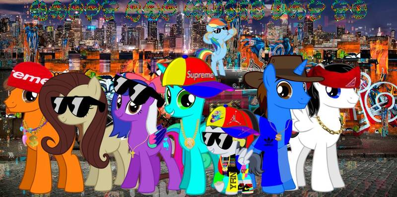 Size: 1267x631 | Tagged: safe, artist:andoanimalia, artist:jawsandgumballfan24, derpibooru import, rainbow dash, rumble, oc, oc:ando animalia, oc:andoanimalia, oc:creative wave, oc:dino shining heart, oc:ethan, oc:mariana, oc:metal rock, alicorn, pegasus, pony, alicorn oc, graffiti, horn, new york city, ponysona, wings