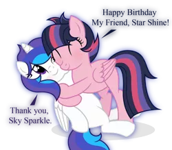 Size: 1416x1239 | Tagged: safe, artist:liya04, derpibooru import, oc, oc:sky sparkle, oc:star shine, unofficial characters only, alicorn, pegasus, pony, base used, female, hug, mare, offspring, parent:flash sentry, parent:twilight sparkle, parents:flashlight