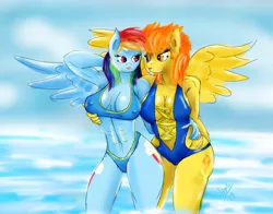 Size: 3833x3008 | Tagged: abs, absolute cleavage, anthro, armpits, artist:hippik, breasts, busty rainbow dash, busty spitfire, cleavage, clothes, derpibooru import, erect nipples, female, grope, lesbian, looking at each other, nipple outline, rainbow dash, shipping, spitdash, spitfire, suggestive, swimsuit