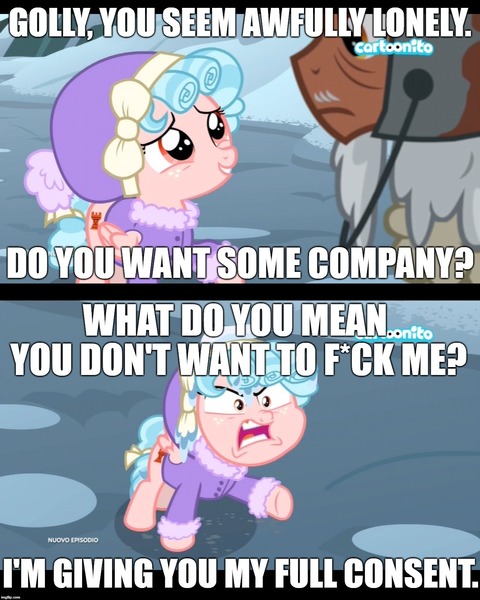 Size: 1280x1600 | Tagged: angry, caption, cartoonito logo, clothes, comic, cozy glow, cozy glow is best facemaker, denied, derpibooru import, edit, edited screencap, female, filly, filly wants sex, frenemies (episode), image macro, implied foalcon, implied sex, italian, jailbait, male, rusty bucket, screencap, screencap comic, stallion, suggestive, text, winter outfit