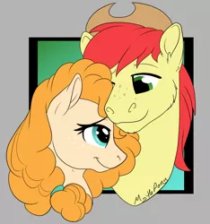 Size: 764x816 | Tagged: safe, artist:mythpony, derpibooru import, bright mac, pear butter, pony, brightbutter, bust, female, male, portrait, shipping, straight