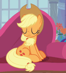 Size: 319x354 | Tagged: safe, derpibooru import, screencap, applejack, earth pony, pony, non-compete clause, animated, cropped, cute, denied, female, gif, jackabetes, levitation, loop, magic, mare, offscreen character, open mouth, reaching towards, sad, sadorable, sitting, solo focus, telekinesis, trophy