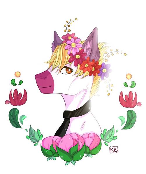 Size: 817x978 | Tagged: safe, artist:karamboll, derpibooru import, earth pony, pony, bust, flower, glow, head, leaves, male, necktie, pink, portrait, solo, white, yellow hair