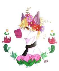 Size: 817x978 | Tagged: safe, artist:karamboll, derpibooru import, earth pony, pony, bust, flower, glow, head, leaves, male, necktie, pink, portrait, solo, white, yellow hair