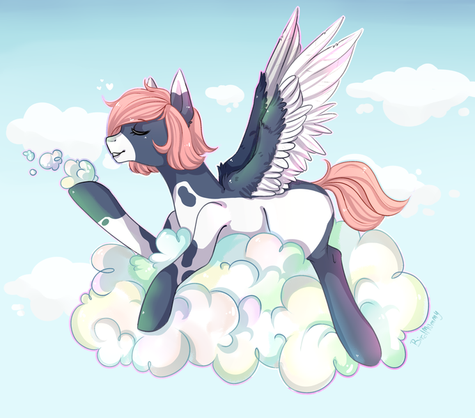 Size: 2900x2550 | Tagged: safe, artist:karamboll, derpibooru import, fly, insect, pegasus, pony, blue, cloud, lying, lying on a cloud, on a cloud, pink, pink hair, relaxing, short tail, sky, solo, spots, wings