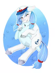 Size: 1685x2200 | Tagged: safe, artist:karamboll, derpibooru import, oc, unofficial characters only, dolphin, earth pony, pony, anchor, blue, blue mane, blue tail, blushing, bubble, cute, eyes closed, female, hat, hug, image, mare, ocean, pigtails, png, sailor, simple background, smiling, solo, sunlight, tail, toy, underwater, unshorn fetlocks, water, white, white background