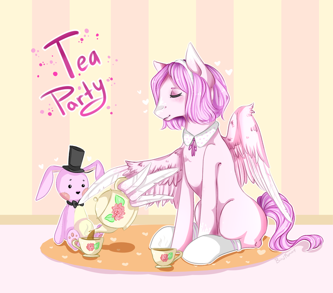 Size: 2900x2550 | Tagged: safe, artist:karamboll, derpibooru import, pegasus, pony, rabbit, animal, carpet, clothes, eyes closed, food, pink, pot, sitting, socks, solo, tea, tea party, toy, using wings, wall