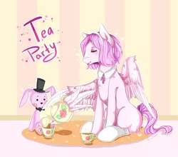 Size: 2900x2550 | Tagged: safe, artist:karamboll, derpibooru import, pegasus, pony, rabbit, animal, carpet, clothes, eyes closed, food, pink, pot, sitting, socks, solo, tea, tea party, toy, using wings, wall