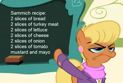 Size: 880x595 | Tagged: chalkboard, cropped, derpibooru import, edit, edited screencap, exploitable meme, flight to the finish, food, grumpy, implied ponies eating meat, meme, ms. harshwhinny, ms. harshwhinny's professional chalkboard, obligatory pony, recipe, safe, sandwich, screencap, solo