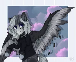 Size: 1700x1378 | Tagged: safe, artist:karamboll, derpibooru import, oc, unofficial characters only, pegasus, pony, black, blue eyes, clothes, cloud, collar, ear piercing, earring, gray, jewelry, piercing, purple, shirt, solo, spots, stripes, wings