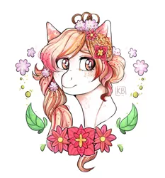 Size: 1769x1897 | Tagged: safe, artist:karamboll, derpibooru import, earth pony, pony, beautiful, braid, bust, cute, detailed, flower, food, head, many details, orange, pink, portrait, solo, spots, syrup, waffle