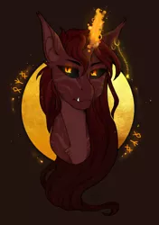 Size: 1500x2132 | Tagged: safe, artist:karamboll, derpibooru import, demon, dog, pony, unicorn, bust, ear piercing, earring, fangs, glow, glowing eyes, glowing horn, gold, head, horn, jewelry, long hair, long mane, male, piercing, portrait, runes, solo, stripes