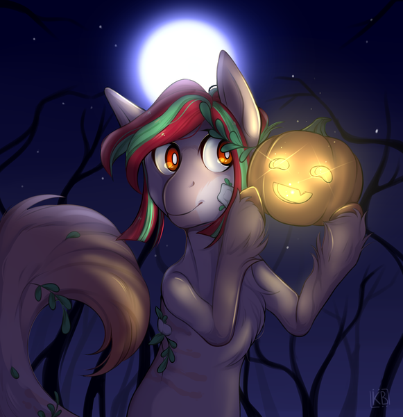 Size: 2987x3085 | Tagged: safe, artist:karamboll, derpibooru import, oc, unofficial characters only, earth pony, pony, bandage, fluffy tail, fog, glow, halloween, holiday, jack-o-lantern, male, moon, night, pumpkin, solo, spooky, stars, stripes, tree