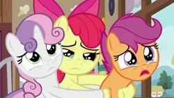 Size: 1920x1080 | Tagged: safe, derpibooru import, screencap, apple bloom, scootaloo, sweetie belle, earth pony, pony, the last crusade, crying, cutie mark crusaders, female, hug, sad