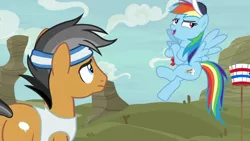Size: 1920x1080 | Tagged: safe, derpibooru import, screencap, quibble pants, rainbow dash, earth pony, pegasus, pony, common ground, armband, cap, duo, hat, headband, whistle, whistle necklace