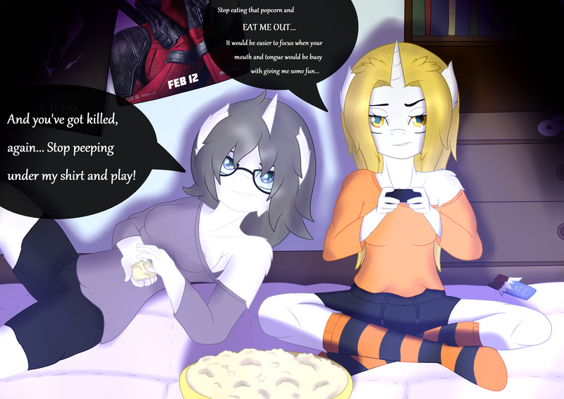 Size: 4092x2893 | Tagged: questionable, artist:sojek, derpibooru import, oc, oc:noti chaos, oc:solaria, unofficial characters only, anthro, unicorn, bedroom, blonde, book, breasts, chocolate, clothes, college, controller, dialogue, female, food, gaming, glasses, nerd, nipples, nudity, orange eyes, popcorn, poster, room, shorts, socks, striped socks, violet eyes, xbox
