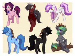 Size: 1330x1000 | Tagged: safe, artist:orchidpony, derpibooru import, oc, oc:meno, oc:mewio, oc:razzle, oc:rose shelf, unofficial characters only, earth pony, pegasus, pony, unicorn, :p, coonskin cap, log, raccoon hat, simple background, tongue out
