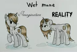 Size: 5109x3453 | Tagged: safe, artist:lightisanasshole, derpibooru import, oc, oc:dorm pony, pony, unicorn, bedroom eyes, blushing, comic, dripping, expectation vs reality, female, funny, imagination, looking at you, painting, raised hoof, reality, reality ensues, reality sucks, sexy, solo, text, traditional art, water, watercolor painting, wet, wet mane