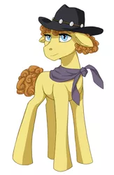 Size: 721x1108 | Tagged: safe, artist:marly-kaxon, derpibooru import, oc, oc:ricochet, unofficial characters only, earth pony, pony, bandana, cowboy hat, curly mane, curly tail, floppy ears, hat, male, simple background, solo, stallion, standing, white background