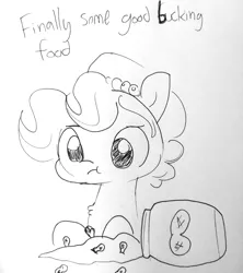 Size: 1280x1441 | Tagged: safe, artist:tjpones, derpibooru import, oc, oc:brownie bun, ponified, unofficial characters only, earth pony, pony, buck, censored, censored vulgarity, chest fluff, eating, female, finally some good fucking food, food, gordon ramsay, mare, meme, monochrome, peanut, peanut butter, ponified meme, text, traditional art