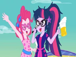 Size: 4160x3120 | Tagged: dead source, safe, artist:brick588, derpibooru import, pinkie pie, sci-twi, twilight sparkle, equestria girls, equestria girls series, spring breakdown, spoiler:eqg series (season 2), alcohol, armpits, beer, cheering, cider, clothes, dress, drunk, drunk twilight, drunkie pie, duo, eyes closed, female, geode of sugar bombs, geode of telekinesis, glasses, karaoke, magical geodes, messy hair, microphone, mug, open mouth, ponytail, tankard, wrong aspect ratio