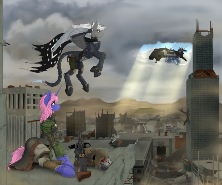 Size: 3000x2500 | Tagged: safe, artist:twotail813, derpibooru import, oc, oc:stellar phoenix, unofficial characters only, pegasus, pony, unicorn, fallout equestria, airship, armor, city, clothes, cloudship, ear fluff, enclave, enclave armor, enclave raptor, fallout, gauss rifle, grand pegasus enclave, gun, horn, ncr, ncr ranger, power armor, rcf community, ruins, weapon, wings