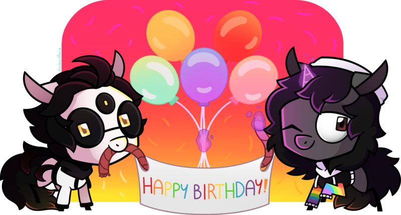 Size: 2818x1515 | Tagged: safe, artist:amberpone, derpibooru import, oc, unofficial characters only, pony, unicorn, balloon, big head, birthday, black hair, blank flank, brown eyes, clothes, commission, cute, digital art, glasses, hat, hoodie, invader zim, lighting, long hair, looking at you, magic, male, one eye closed, paint tool sai, rainbow, shading, simple background, stallion, standing, three eyes, transparent background, yellow eyes