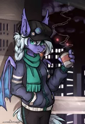 Size: 1693x2453 | Tagged: safe, artist:lonerdemiurge_nail, derpibooru import, oc, oc:tempest wind, anthro, bat pony, cigarette, city, clothes, coffee cup, cup, female, jacket, mare, night, scarf, solo