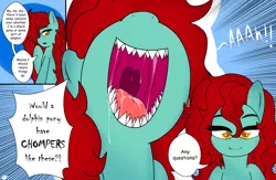 Size: 3910x2550 | Tagged: safe, artist:takaneko13, derpibooru import, oc, oc:meril altum, unofficial characters only, original species, pony, shark, shark pony, dialogue, fangs, female, looking at you, mawshot, mouth, open mouth, red hair, salivating, sharp teeth, teeth, tongue out