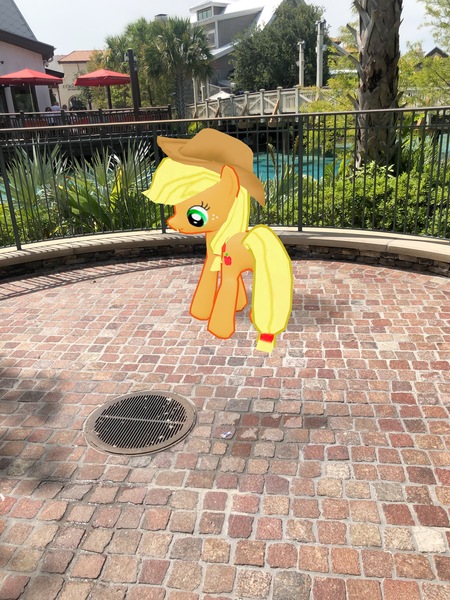 Size: 3024x4032 | Tagged: safe, derpibooru import, photographer:undeadponysoldier, applejack, earth pony, pony, augmented reality, building, disney springs, disney world, downtown disney, female, florida, gameloft, irl, manhole, mare, orlando, photo, ponies in real life, solo, umbrella, water