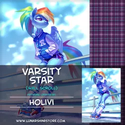 Size: 876x876 | Tagged: advertisement, anthro, artist:holivi, clothes, derpibooru import, ponytail, rainbow dash, safe, shorts, unguligrade anthro, varsity jacket