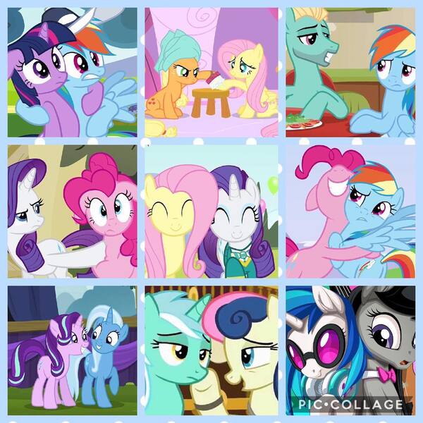 Size: 1080x1080 | Tagged: safe, artist:mysticalpha, derpibooru import, applejack, bon bon, fluttershy, lyra heartstrings, octavia melody, pinkie pie, rainbow dash, rarity, starlight glimmer, sweetie drops, trixie, twilight sparkle, vinyl scratch, zephyr breeze, pony, appleshy, collage, female, flarity, lesbian, lyrabon, male, pinkiedash, raripie, scratchtavia, shipping, startrix, straight, twidash, zephdash