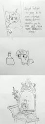 Size: 1263x3426 | Tagged: safe, artist:tjpones, derpibooru import, princess celestia, twilight sparkle, twilight sparkle (alicorn), alicorn, pony, unicorn, comic, dialogue, female, fuck the police, grayscale, monochrome, princess juice, princess of friendship, smol, throne, traditional art, twiggie, unicorn twilight