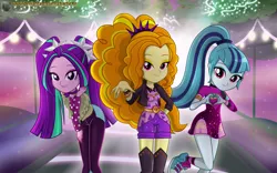 Size: 1920x1200 | Tagged: safe, artist:charliexe, derpibooru import, adagio dazzle, aria blaze, sonata dusk, equestria girls, equestria girls series, find the magic, spoiler:eqg series (season 2), adoragio, ariabetes, armband, boots, bracelet, clothes, converse, cute, eyeshadow, female, heart hands, jacket, jewelry, makeup, pigtails, ponytail, shoes, shorts, smiling, sneakers, sonatabetes, spiked wristband, taco dress, the dazzlings, the dazzlings have returned, trio, trio female, twintails, wristband