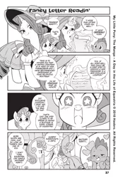 Size: 1066x1600 | Tagged: safe, artist:nekoshiei, derpibooru import, seven seas, rarity, spike, sweetie belle, dragon, pony, unicorn, my little pony: the manga, my little pony: the manga volume 1, spoiler:manga, spoiler:manga1, adorable face, bow, carousel boutique, clothes, curious, cute, cutie mark, diasweetes, drake, dress, elegant, excited, fancy letter readin', female, filly, foal, half-lidded eyes, happy, hat, heart, in love, indignant, letter, love, magic, magic aura, male, manga, manga style, mare, monochrome, my little pony: the manga - a day in the life of equestria, official content, official preview, preview, promo, spikabetes, starry eyes, teasing, the cmc's cutie marks, wingding eyes, winged spike