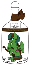 Size: 611x1307 | Tagged: safe, artist:midnightamber, derpibooru import, oc, oc:windy barebow evergreen, pegasus, pony, bottle, bow (weapon), brush, commission, feather, fetish, inside, jar, pony in a bottle, quiver, smiling, smirk, solo, this will end in laughs, this will end in tickles, tickle fetish, tickling, warning