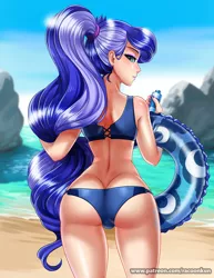 Size: 800x1034 | Tagged: anime, artist:racoonsan, ass, back, beach, beach babe, bikini babe, butt, buttcrack, clothes, crotch bulge, derpibooru import, eyeshadow, female, hips, human, humanized, life preserver, long hair, looking at you, looking back, looking back at you, looking over shoulder, makeup, moonbutt, nail polish, outdoors, ponytail, pool toy, praise the moon, princess luna, sexy, solo, solo female, stupid sexy princess luna, suggestive, summer, sunscreen, swimsuit, thigh gap, thighs