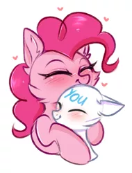 Size: 1660x2185 | Tagged: safe, artist:pesty_skillengton, derpibooru import, pinkie pie, earth pony, pony, :t, blushing, cheek fluff, commission, cute, diapinkes, ear fluff, eyes closed, female, floppy ears, fluffy, generic pony, heart, hnnng, hug, mare, ponk, simple background, size difference, sketch, smiling, unknown pony, white background, you, your character here