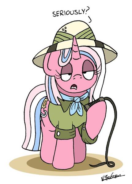Size: 757x1055 | Tagged: safe, artist:bobthedalek, derpibooru import, clear sky, pony, unicorn, common ground, clear sky is not amused, clothes, cosplay, costume, daring do costume, female, hat, implied quibble pants, mare, seriously, shirt, solo, unamused, unimpressed, whip