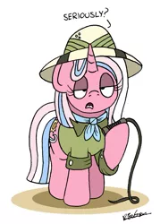 Size: 757x1055 | Tagged: safe, artist:bobthedalek, derpibooru import, clear sky, pony, unicorn, common ground, clear sky is not amused, clothes, cosplay, costume, daring do costume, female, hat, implied quibble pants, mare, seriously, shirt, solo, unamused, unimpressed, whip
