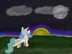 Size: 1600x1200 | Tagged: safe, artist:maydrock, derpibooru import, princess celestia, pony, moon, night, princess