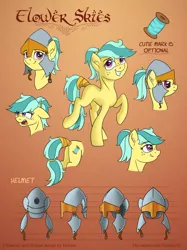 Size: 1280x1707 | Tagged: safe, artist:helmie-art, derpibooru import, oc, oc:flower skies, unofficial characters only, earth pony, pony, butt, cute, female, freckles, helmet, looking at you, mare, ocbetes, plot, reference sheet, smiling, tail wrap