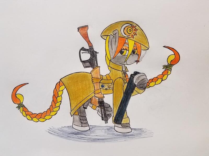 Size: 1024x768 | Tagged: safe, artist:dice-warwick, derpibooru import, oc, oc:rook, earth pony, pony, fallout equestria, armor, bicorne, braid, braided tail, cigar, gun, hat, overcoat, rifle, shotgun, torn ear, weapon