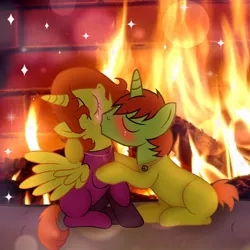 Size: 894x894 | Tagged: suggestive, artist:doraeartdreams-aspy, derpibooru import, oc, oc:aspen, oc:ryan, unofficial characters only, alicorn, pony, alicorn oc, blushing, bodysuit, catsuit, couple, female, fireplace, hippie, horn, jewelry, kissing, latex, latex suit, male, neck kiss, neck kissing, necklace, peace suit, peace symbol, romantic, ryspen, straight, wings