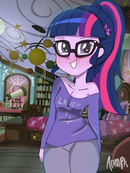 Size: 768x1024 | Tagged: safe, artist:artmlpk, derpibooru import, sci-twi, twilight sparkle, human, equestria girls, bedroom, blushing, breasts, clothes, cute, fanart, female, geode of telekinesis, looking at you, magical geodes, off shoulder, shoulderless, solo, stars, twiabetes