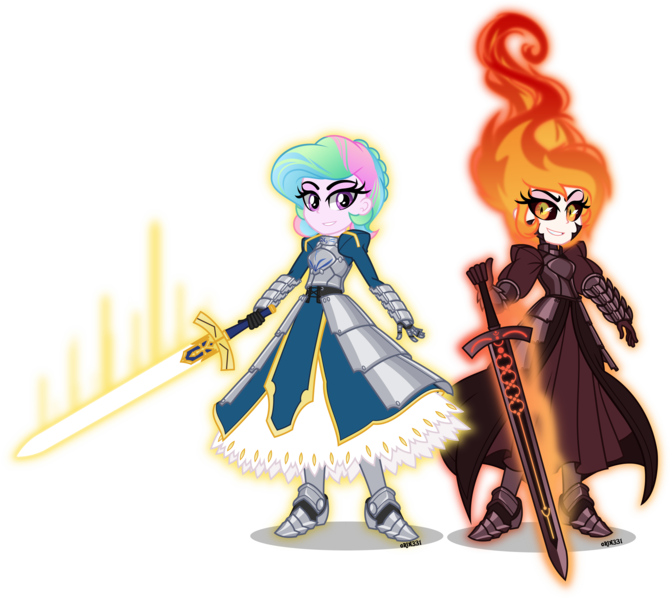 Size: 5000x4479 | Tagged: safe, artist:orin331, derpibooru import, daybreaker, princess celestia, equestria girls, absurd resolution, anime, armor, corrupted, duo, equestria girls-ified, excalibur, excalibur morgan, fate/grand order, fate/stay night, female, saber, saber alter, sword, weapon, young celestia